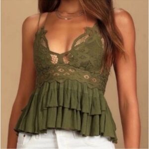 NWT Free People Adella Lace Ruffled Cami Top Olive Green Size Medium